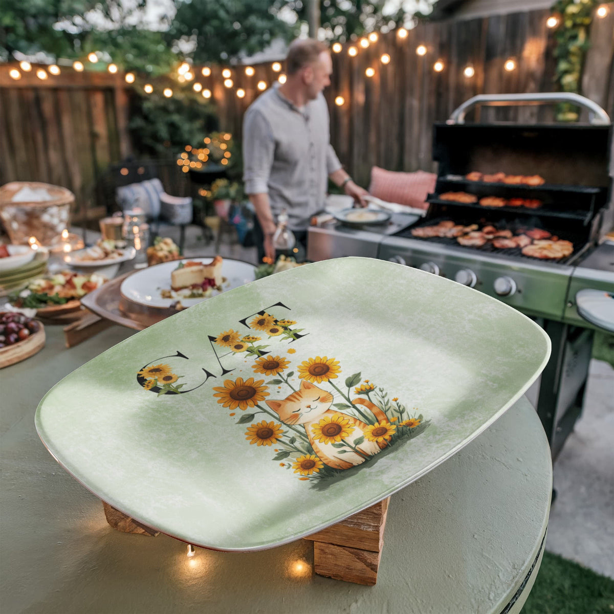 Green Sunflower Cat Collectible Serving Platter