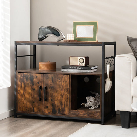 Wooden Cat Box Cabinet with with Metal Frame and Scratching Pad-Rustic Brown
