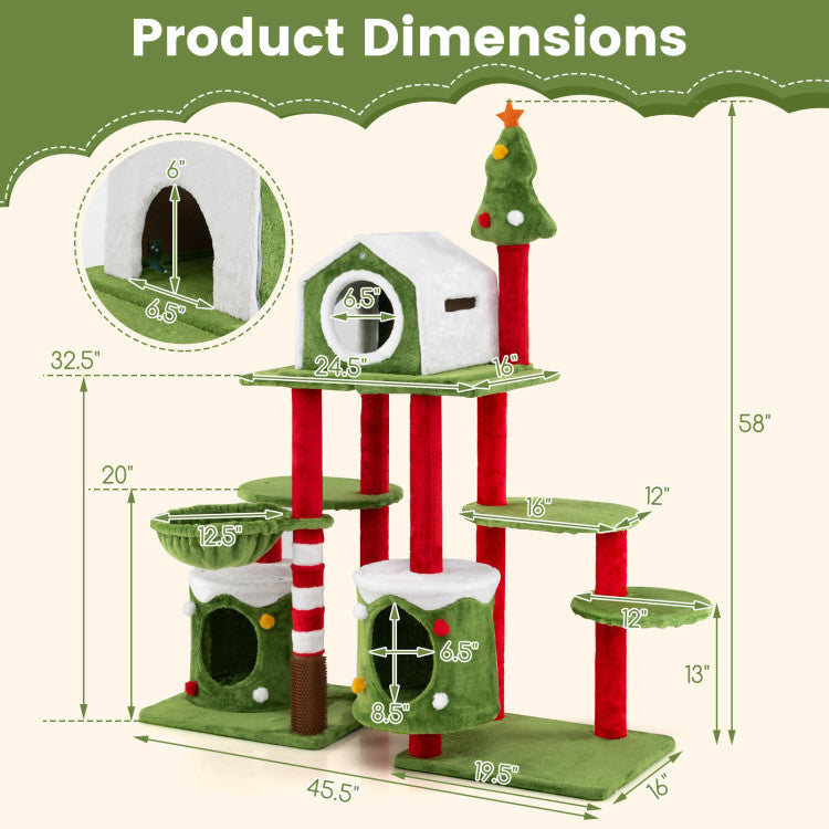 Cat Furniture Set with 58 Inch Tall Cat Tree Tower and 2 Gift Box Shaped Cute Christmas Cat House
